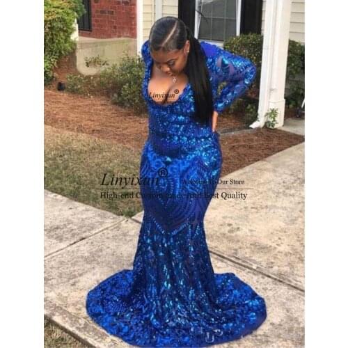 Plus Size Royal Blue Black Girl Mermaid Prom Dresses 2021 New Long Sleeve Floor Length Deep V Neck Illusion Evening Party Dress