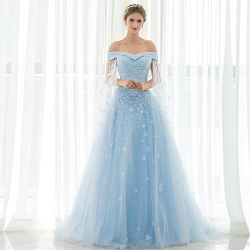 Fairy Light Sky Blue Prom Dresses Off The Shoulder A-line Vestido Longo Festa Gala Formal Party Gowns Speical Long Prom Gowns