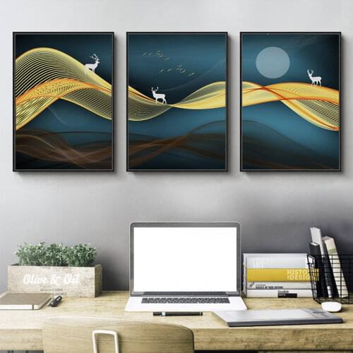 Golden Abstract Fabric Deer and Moon Blue Wall Art Canvas Painting Posters Prints Decorative Pictures for living Room Home Décor
