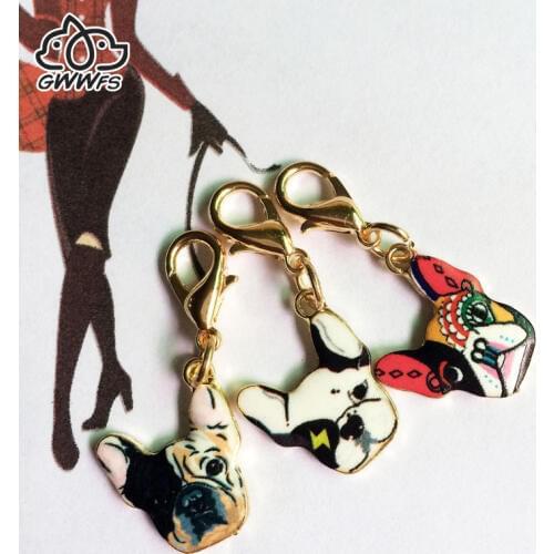 5PCS/LOT Pet Dog Keychain On Bag Bulldog Pendants DIY Alloy Accessories Gifts Wholesale Pet Dog Bag Charm Lobster Clasp Jewelry