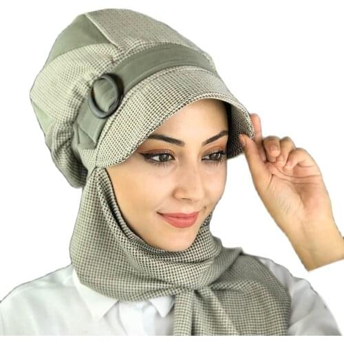 Islamic Fashion Muslim Ladies 2021 Trend Single Size Bathing Cap Beret Ready Shawl Scarf Buckle Green Almond Pattern Hijab Hat