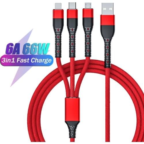6A USB C Cable 3 In 1 66W Fast Charging Cable For iPhone 12 Mini 11 Pro Max XR XS Micro USB Type-C Data Cable For Huawei Xiaomi