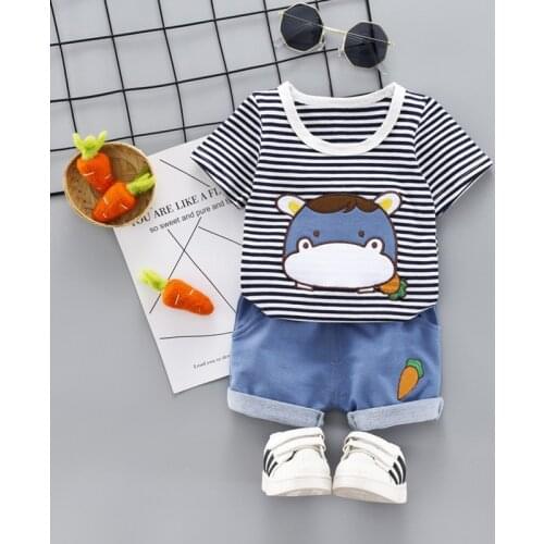 Summer 100% Cotton Clothing for Boys Cartoon Print Childrens Clothing Casual Kids Clothing Sets Stripe Baby Boys Clothes 1- 5 Y