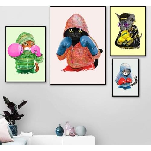 Cartoon Cute Boxing Cat Modern Posters And Prints Canvas Painting Wall Picture For Living Room Kids Bedroom Home Decor Nursery