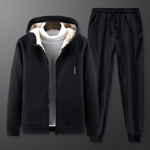 Lamb Wool Winter New Sweat Suits Man Plush Thick Hooded Warmth Loose Comfortable Casual Trousers Solid Color Zipper Men 2021
