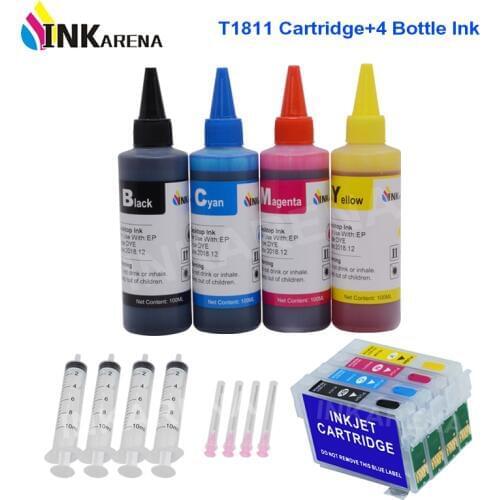 4 Color Bottle Dye Ink Refill Kit + T1811 18 Refill Ink Cartridge For Epson XP-212 XP-215 XP-312 XP-315 XP-412 XP-415 XP-225