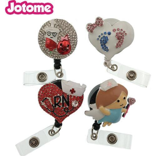New Arrival Enamel Rhinestone Medical Nurse Angel Syringe Baby footprint Retractable ID Badge Reel