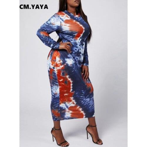 CM.YAYA Autumn Vintage Tie Dye Print Plus Size XL-5XL Long Sleeve Women Bodycon Long Maxi Dress Vestidos Sexy Club Party Dresses