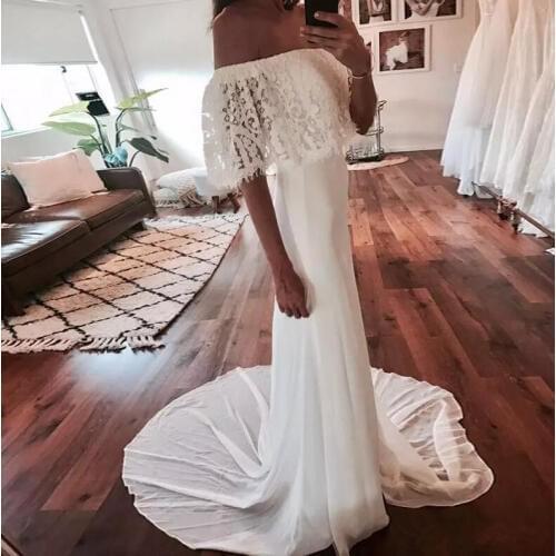 Beach Wedding Dresses Off-the-Shoulder Chiffon And Lace Country Wedding Dress Count Train Bohemian Style Bridal Gowns