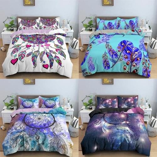 3d Printed Dreamcatcher Duvet Cover Fashion Bedding Set Simple Purple Feather Leaves Quilt Cover With Pillowcase For Adult Kids