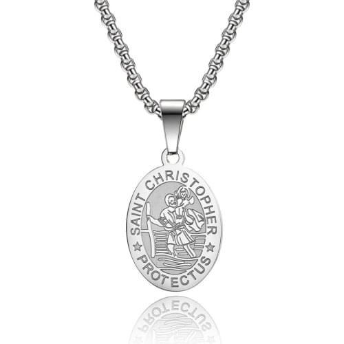 Saint Christopher Necklace Oval Pendant Catholicism Church Stainless Steel Neck for Men Boy Religious Jewelry