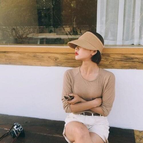 Panama Women Magic Tape Foldable Straw Hats Summer Empty Top Visor Beach Hat Sun Protection Fishing Cap Outdoor Casquette Femme