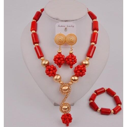 African Banquet Fancy Dress Party Fashion Red Natural Coral Bead Necklace Nigeria Wedding Bridal Wedding Jewelry Set AU-140
