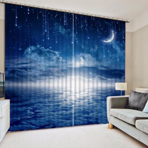 Custom Curtain Blackout Curtain Fabric Blue Sky Moon Meteor Shower Curtains For Bedroom Curtain For Bathroom Kitchen