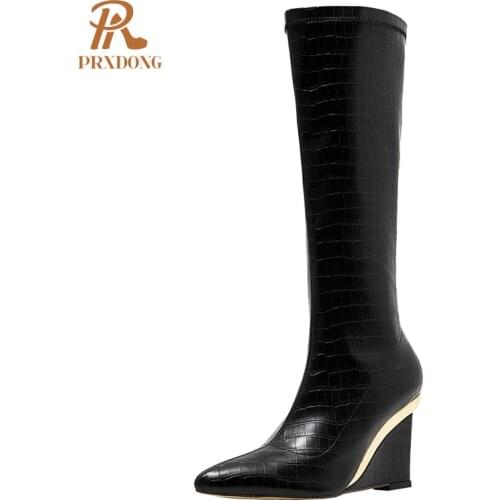 Top Quailty Women Sexy Boots Wedges High Heeled Ankle Knee High Zipper Boots Pointed Toe Mature Ladies Shoes Black White 2021