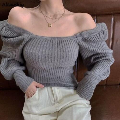 Pullovers Women Off Shoulder Design Ulzzang Autumn All-match Solid Casual Sexy Ladies Knitting Slim Cropped Students Clothing
