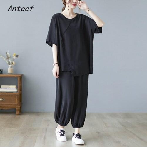 Black cotton vintage summer casual 2 two piece set casual loose tee t shirt women t-shirt ladies tshirt 2021 tops with pants