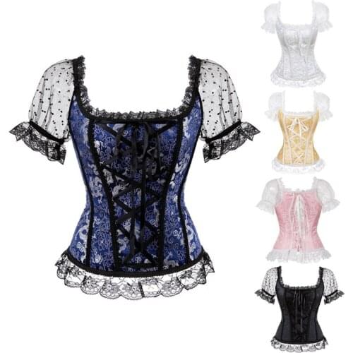Overbust Corset Bustier Top Women With off Shoulder Sleeves Plus Size Burlesque Costume Hollow Mesh Floral Sexy Corselet