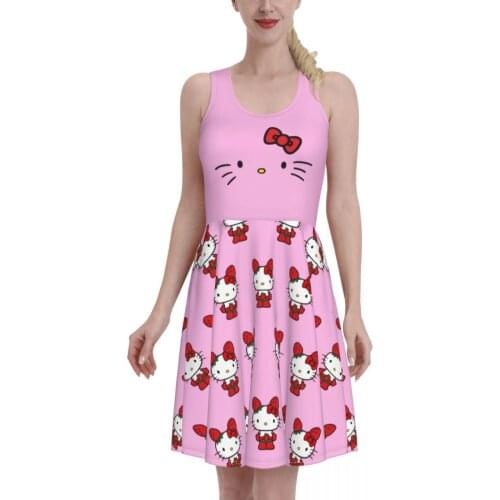 Hello Cat 2 Women Dresses Summer 2021 Sexy O Neck Japanese Anime Print Beach Dress Sleeveless Mini Dress
