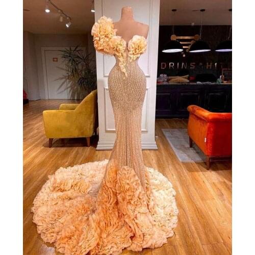 2021 Arabic Mermaid Prom Dresses Luxury Beading Sequined Ruffles One Shoulder Women Plus Size Formal Evening Gowns