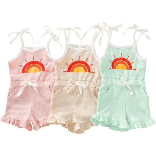 2021-05-06 Lioraitiin 0-4Y Baby Girls Boys Summer Romper Rainbow Print Sleeveless Ruffles Sling Bow Flare Trousers Pants Leotard