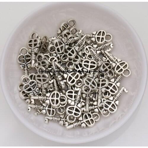 50Pcs/Lot) Zinc Alloy Tibetan Silver European Charm Heart key-Shape Pendant Size 18x8mm ZN-1164