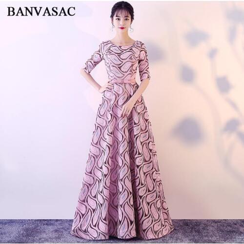 BANVASAC 2018 O Neck Bow Sash A Line Long Evening Dresses Elegant Party Lace Embroidery Half Sleeve Prom Gowns