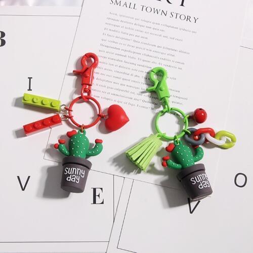 Korean lovely creative plant succulent cactus key chain Soft Rubber car key ring cartoon exquisite pendant pompom key chains