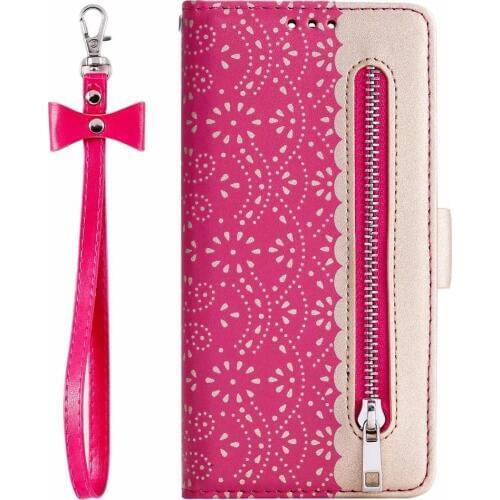 For Iphone 11 Pro Max X XR XS Max 8 7 6 6S Plus Fashion Lace Flower Zipper Card Slot Holder Hand Strap Flip Wallet Leather Case