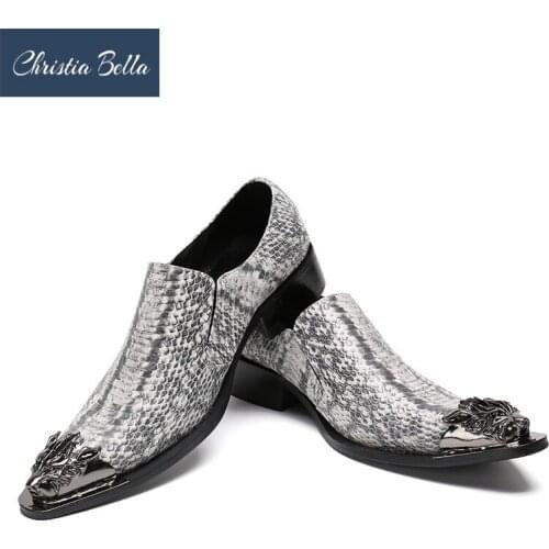 Christia Bella New Shoes Fashion Fish Pattern Leather Men Dress Shoes Gold Metal Toe Middle Heel Slip On Male Party Shoes Men