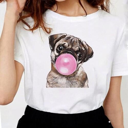 2021 S-4XL Summer Female Fashion T-shirt Bubble Gum Dog Print Streetwear Clothes Graphic Femme Retro Literary Style T-Shirt