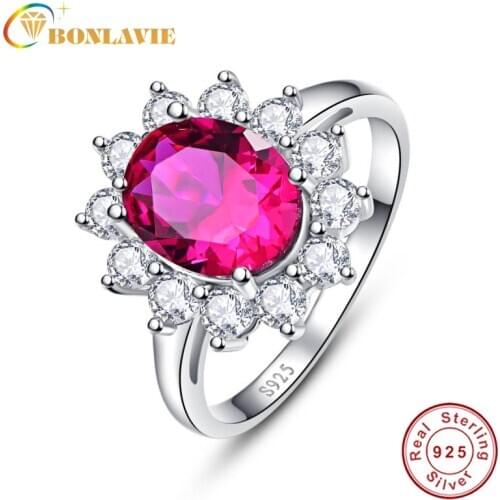 BONLAVIE 2.95ct Natural Red Ruby Flower Shape Solid 925 Sterling Silver Wedding Engagement Halo Ring Jewelry