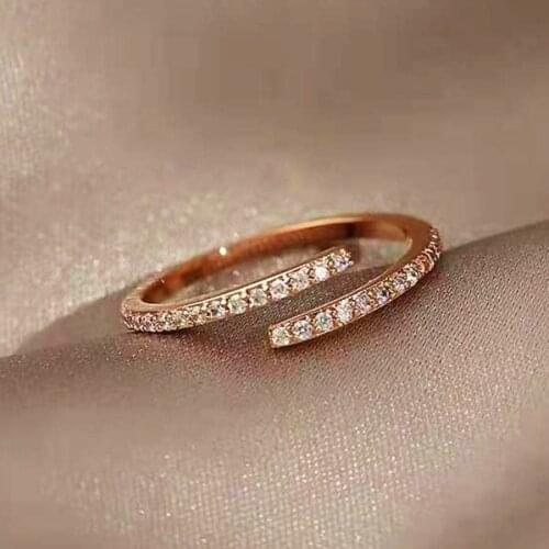 Rose Gold Simple Adjustable Ring with Bling Zircon Stone for Women Fashion Jewelry Wedding Engagement Ring