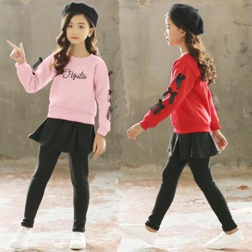 Bow Tie Patchwork Girls Clothes Set Long Sleeve Tops + Skirt Pants 2PCS Girl Kids Clothing Set Childrens School Clothes 2-12Y