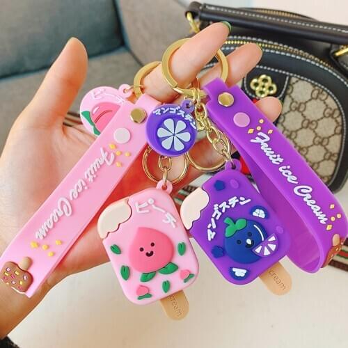 Creative Cartoon Ice Cream Keychain Peach Grape Watermelon Pendant Car Door Keychain Key Ring Fashion Cute Female Bag Pendant