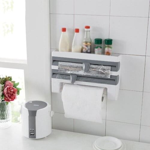 Kitchen Organizer Wall-Mount Paper Towel Holder Sauce Bottle Rack Cling Film Cutting Holder Mutifunction Kitchen Shelf 4 In 1