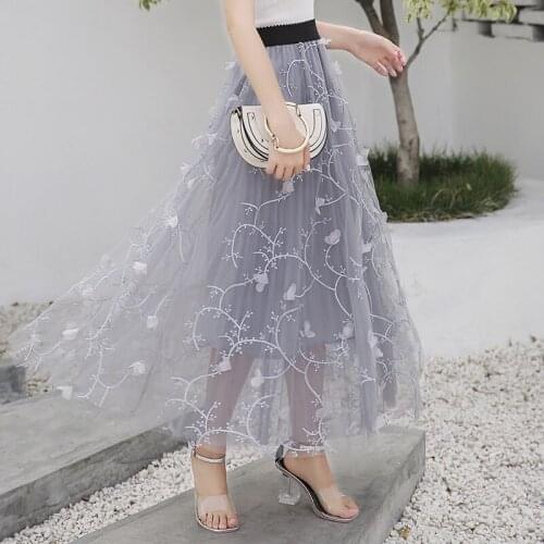 2020 Summer New Embroidered Mesh Tutu Skirt Embroidered Pleated Skirts Women Big Swing Floral Skirt Long Fashion Female Saia r67