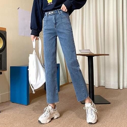 Fashion Women High Waist Trousers Buttons Pockets Straight Pants Long Denim Jeans Washed Basic Soft Pants Women Plus Size