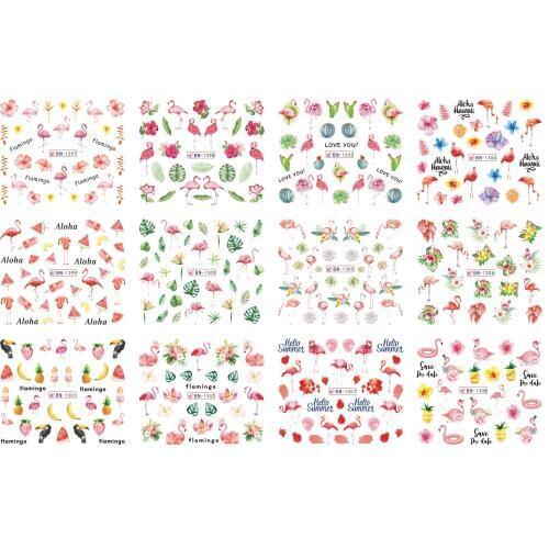 Nail BN1297-1308 Pink Flamingo Green Plant Nail Art Water Sticker Decal For Nail Water 12 Sheets/Lot