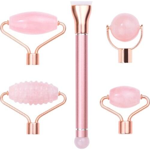 Pink Crystal Roller 5-In-1 Massage Jade Roller Magnetic Massage Stick Mask Brush Facial Skin Care Guasha Anti-Cellulite Slimming