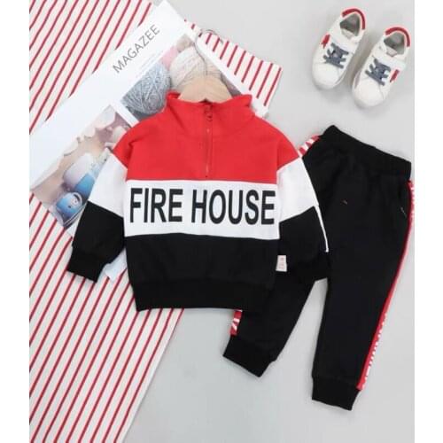 Boys Girls Clothes 2021 Autumn Patchwork Stand Collar Set Letter Printing Top+ Pants Toddler Clothing Kids Tracksuits
