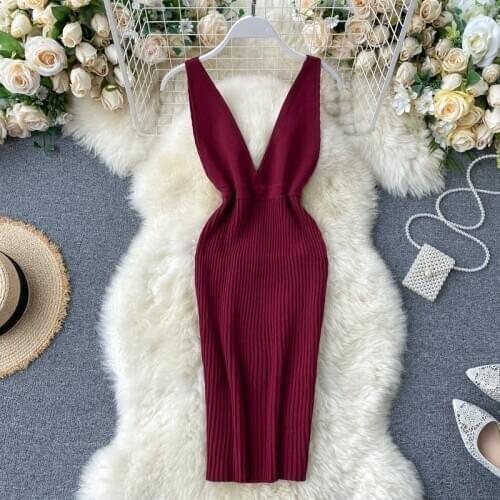 Vintage 2021 Deep V Neck sexy Slim Knitted mini short Dress Bodycon tank sundress Summer Party Women sheath club backless dress