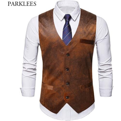 Vintage Suit Vest Men 2020 Suede Retro Mens Sleeveless Waistcoat Gilet Homme Casual Slim Gentleman Business Work Vests Outwear