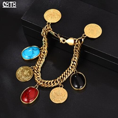 Womens Fashion Coin Golden Personality Oval Semi-precious Stone Pendant Bracelet Muslim Islam Arab Hot Selling Charm Jewelry