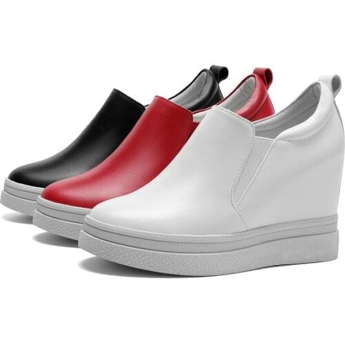 10cm High Heel Fashion Sneakers Women Slip On Genuine Leather Wedges Platform Ankle Boots Female Round Toe Creepers Casual Shoes