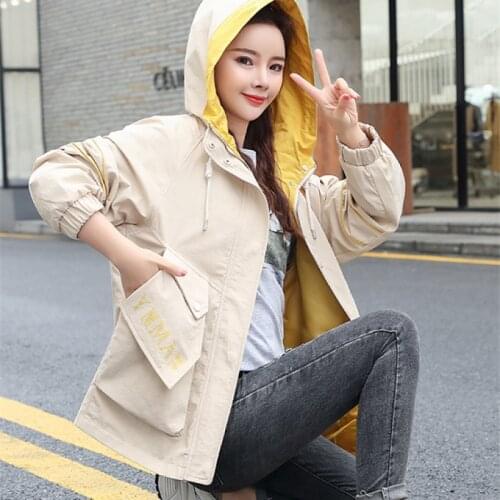 Womens Hooded Overalls Jacket Spring Autumn Korean Casual Coat Fashion Loose Windbreaker Plus size Student Splice Print Outwear