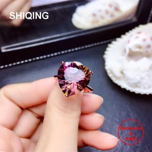 SHIQING 2019 Nature Ametrine big gemstone silver heart fashion ring for women