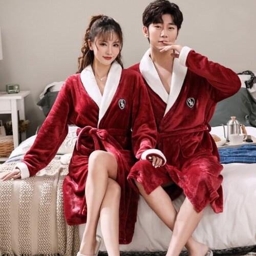 SLPBELY Flanne Winter Nightrobe Winter Couple Thick Long Sleeve Robes Sleepwear Homewear Pajamas Casual Pure Color Home Bathrobe