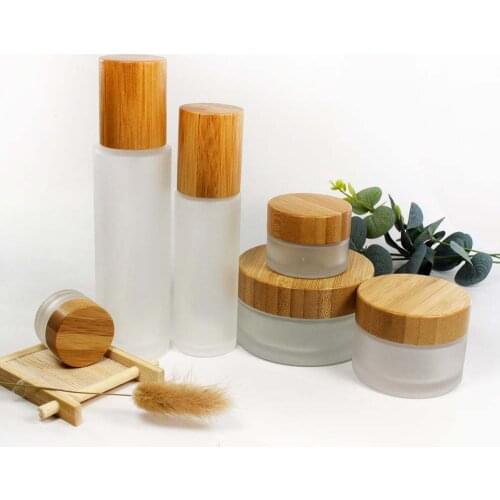 50pcs 20~100ml Glass Frosted bamboo cover bottle ,lotion pump and spray pump bottle cosmetics packaging wholesale and retail
