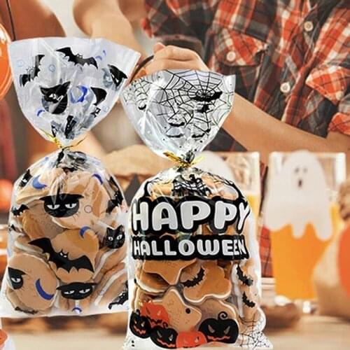 50pcs Hallwoeen Skull Pumpkin Cat Candy Bag Clear Cellophane Plastic Food Container Bags Halloween Party Decoration Gift Bag